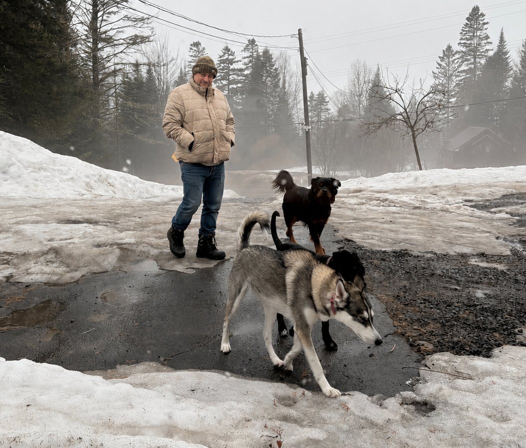 A certified trainer walking with two dogs